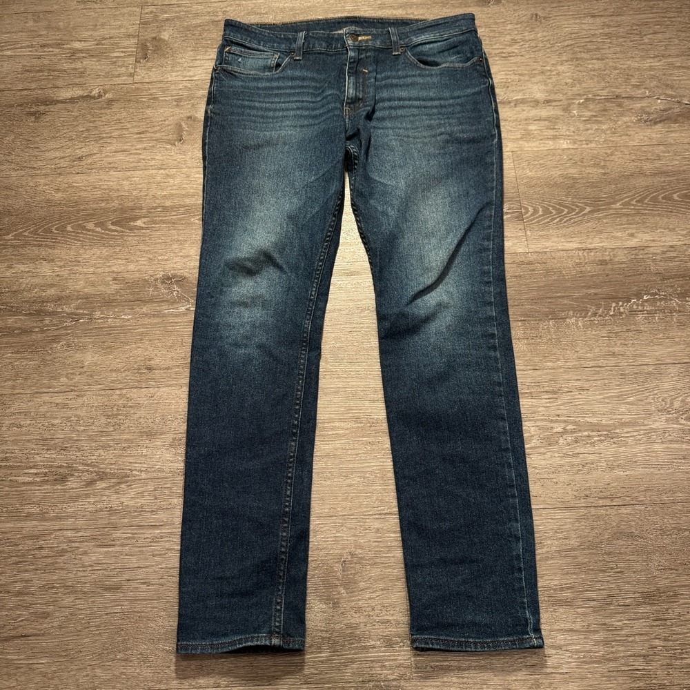KOAJ Jeans Mens 34 Blue Cotton Blend Stretch Low Rise Slim Whiskers Casual 33x30